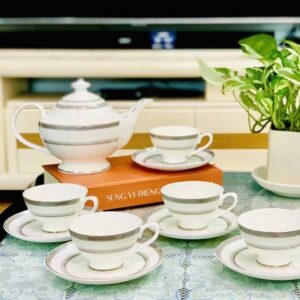 Bộ ấm trà và kệ bánh sứ xương Imperial Bạch Kim