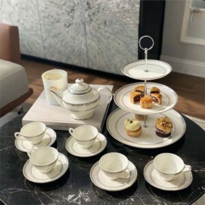Bộ ấm trà và kệ bánh sứ xương Imperial Bạch Kim