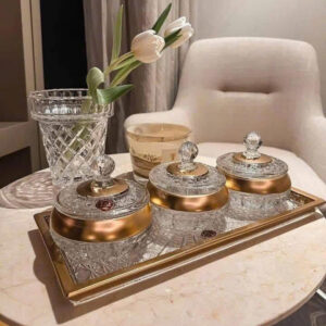 Sét khay thố pha lê mài mạ vàng Bohemia