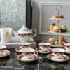 Bộ ấm chén trà và kệ bánh sứ xương Imperial đỏ
