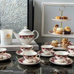 Bộ ấm chén trà và kệ bánh sứ xương Imperial đỏ