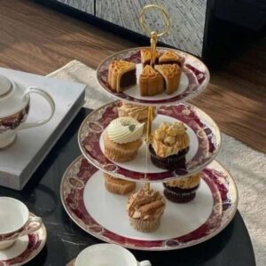 Bộ ấm chén trà và kệ bánh sứ xương Imperial đỏ