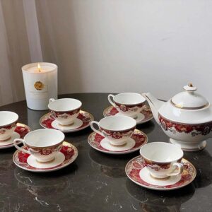 Bộ ấm chén trà và kệ bánh sứ xương Imperial đỏ