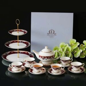 Bộ ấm chén trà và kệ bánh sứ xương Imperial đỏ