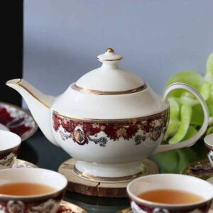 Bộ ấm chén trà và kệ bánh sứ xương Imperial đỏ