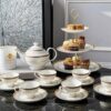 Bộ ấm chén trà và kệ bánh sứ xương Imperial viền vàng