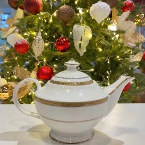 Bộ ấm chén trà và kệ bánh sứ xương Imperial viền vàng