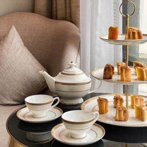 Bộ ấm chén trà và kệ bánh sứ xương Imperial viền vàng