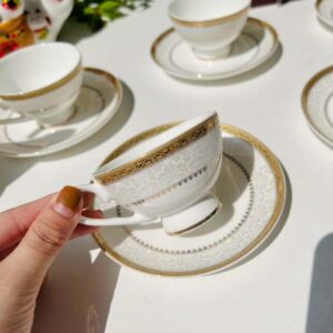 Bộ ấm chén trà và kệ bánh sứ xương Imperial viền vàng
