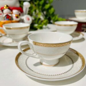Bộ ấm chén trà và kệ bánh sứ xương Imperial viền vàng