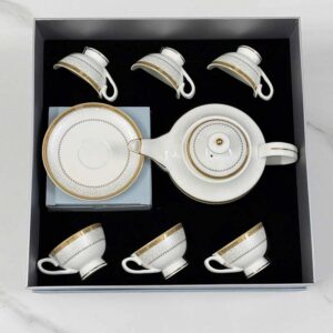 Bộ ấm chén trà và kệ bánh sứ xương Imperial viền vàng