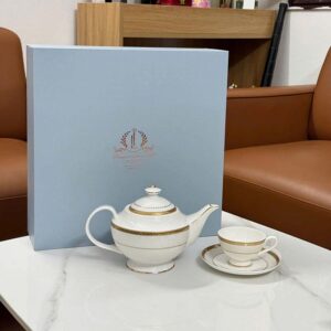 Bộ ấm chén trà và kệ bánh sứ xương Imperial viền vàng