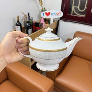 Bộ ấm chén trà và kệ bánh sứ xương Imperial viền vàng