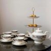 Bộ ấm chén trà và kệ bánh sứ xương Imperial xanh ngọc dây vàng