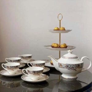 Bộ ấm chén trà và kệ bánh sứ xương Imperial xanh ngọc dây vàng