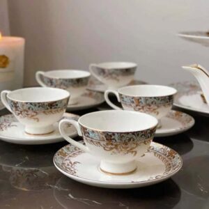 Bộ ấm chén trà và kệ bánh sứ xương Imperial xanh ngọc dây vàng