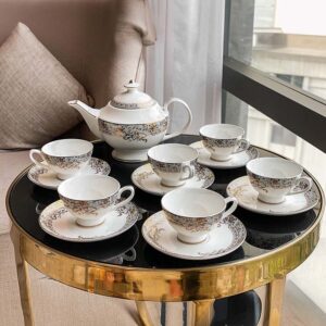 Bộ ấm chén trà và kệ bánh sứ xương Imperial xanh ngọc dây vàng