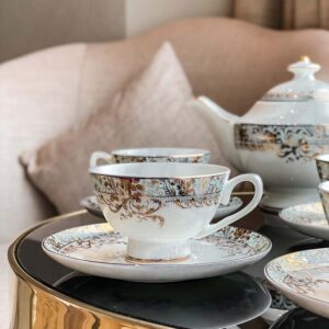 Bộ ấm chén trà và kệ bánh sứ xương Imperial xanh ngọc dây vàng