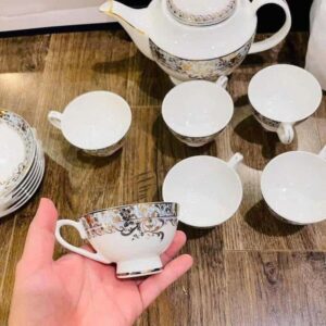 Bộ ấm chén trà và kệ bánh sứ xương Imperial xanh ngọc dây vàng