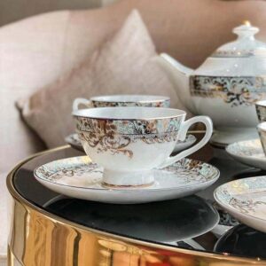 Bộ ấm chén trà và kệ bánh sứ xương Imperial xanh ngọc dây vàng