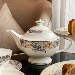 Bộ ấm chén trà và kệ bánh sứ xương Imperial xanh ngọc dây vàng